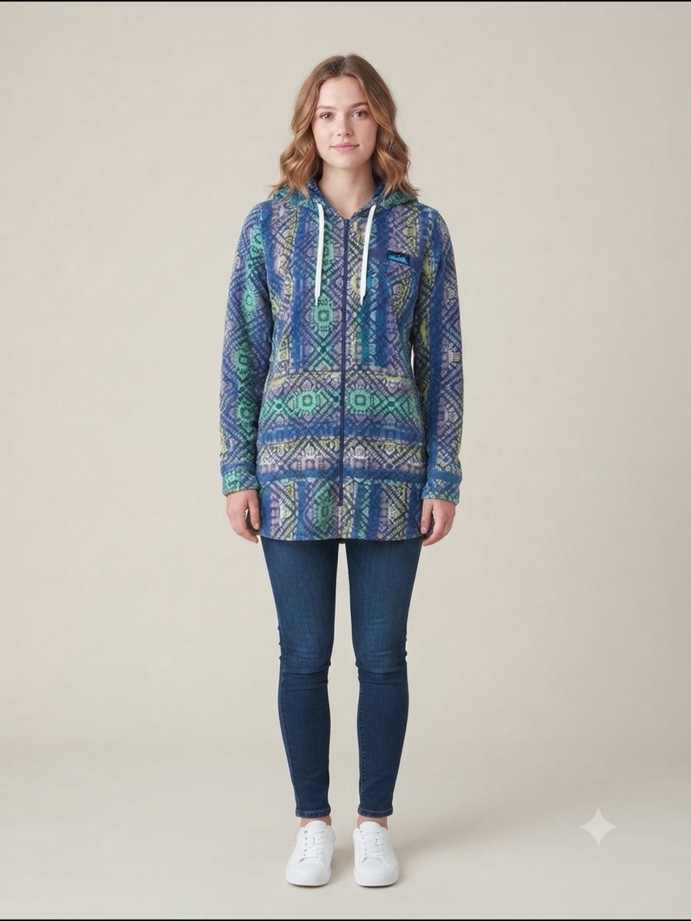 Kavu Outdoor Wear Patterned Blue-Green Hooded Zip-Up Long Length Sweatshirt XL - Picture 7 of 13